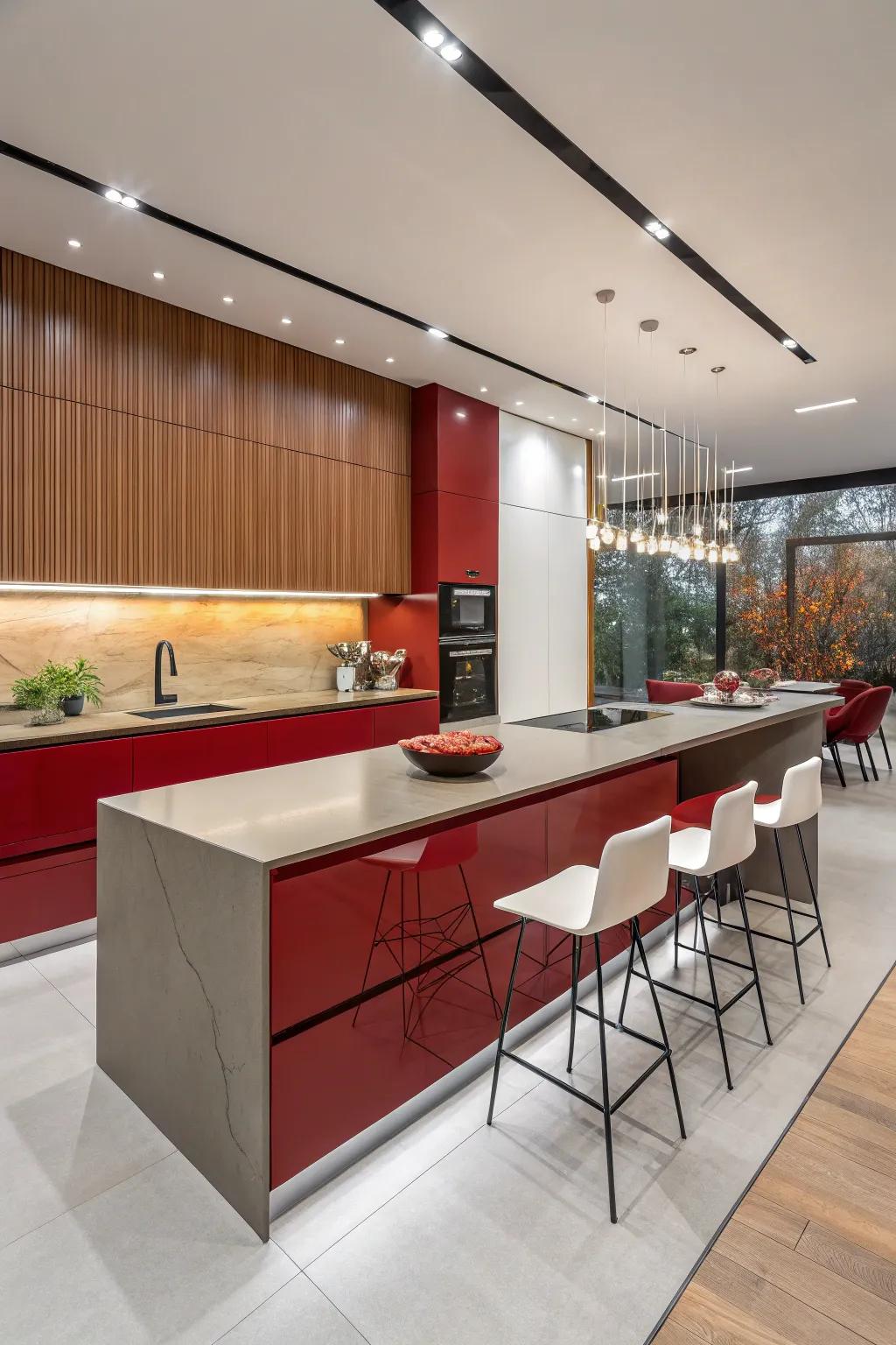 Cherry red countertops add a contemporary flair to a minimalist kitchen.
