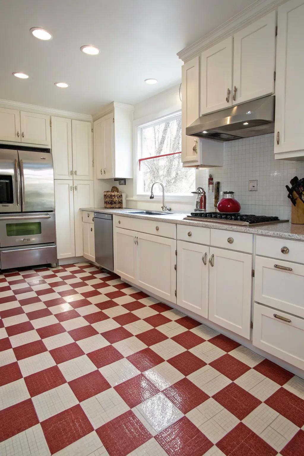 A kitchen featuring a classic checkerboard red and white tile floor.
