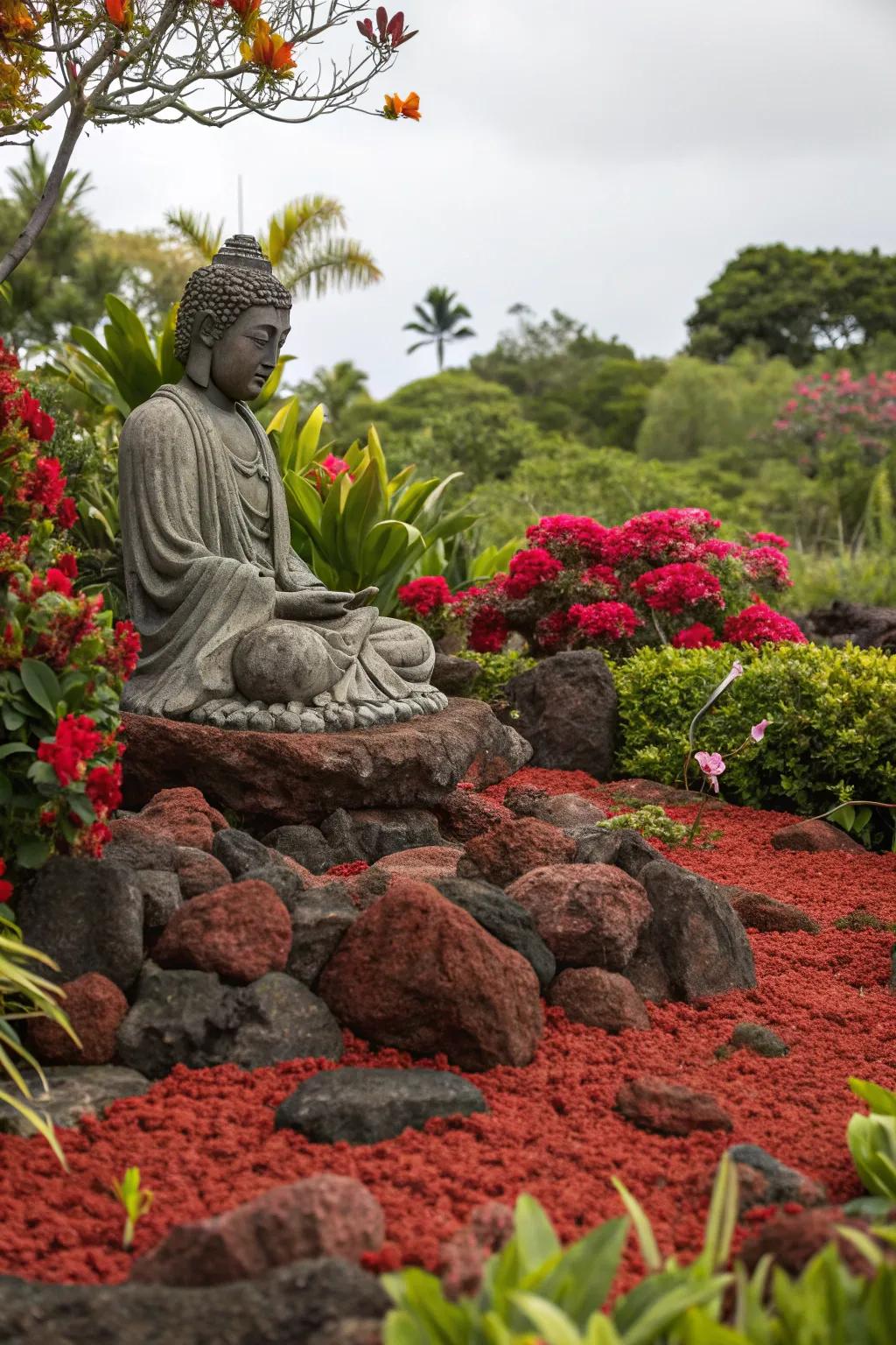 Red lava rocks highlight a garden statue, making it a focal point.
