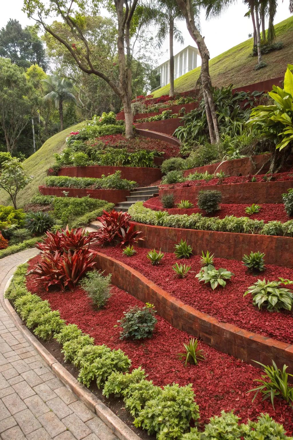 Red mulch in layered gardens adds depth and a structured appearance.