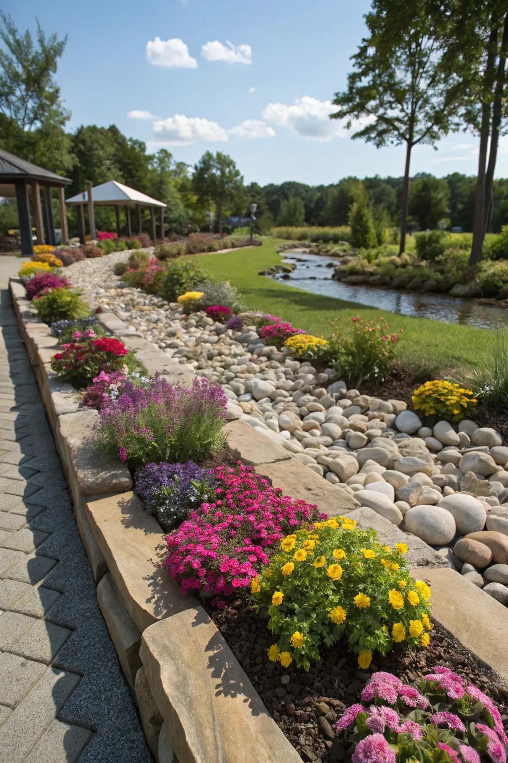 Stream stone dividers offer structure and sophistication to vibrant garden beds.