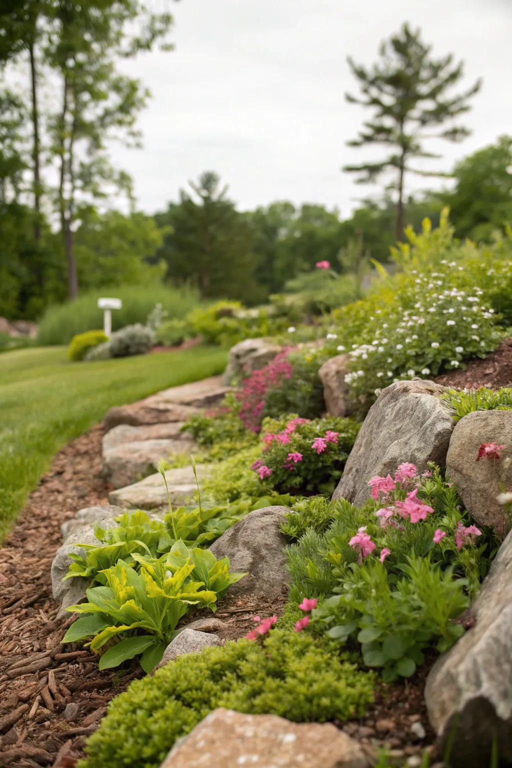 Lush greenery adds vibrancy among rocks and mulch.