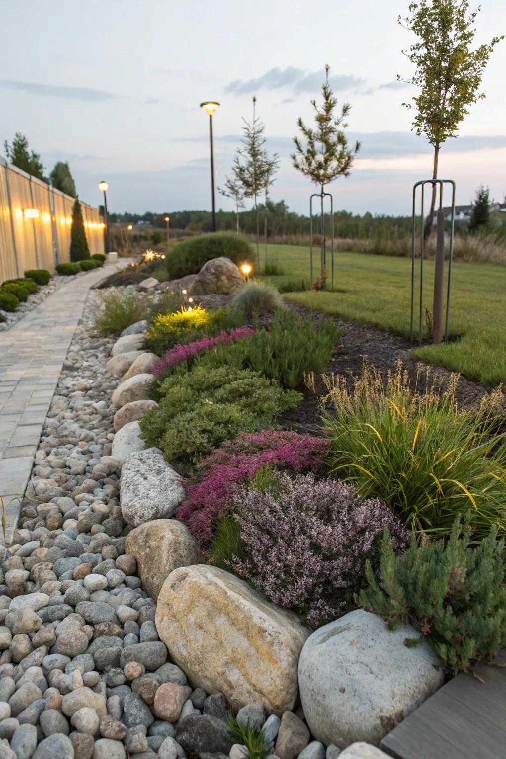 A harmonious mix of stones and flora crafting a rich garden perimeter.
