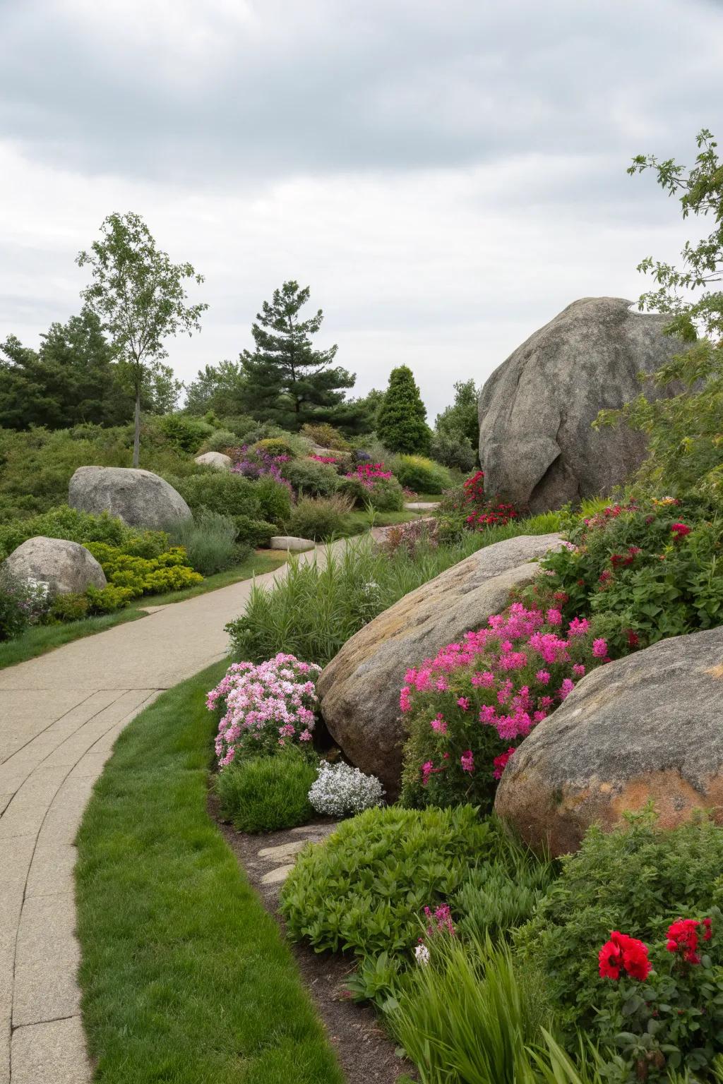Large ornamental boulders creating a stunning garden focal point.
