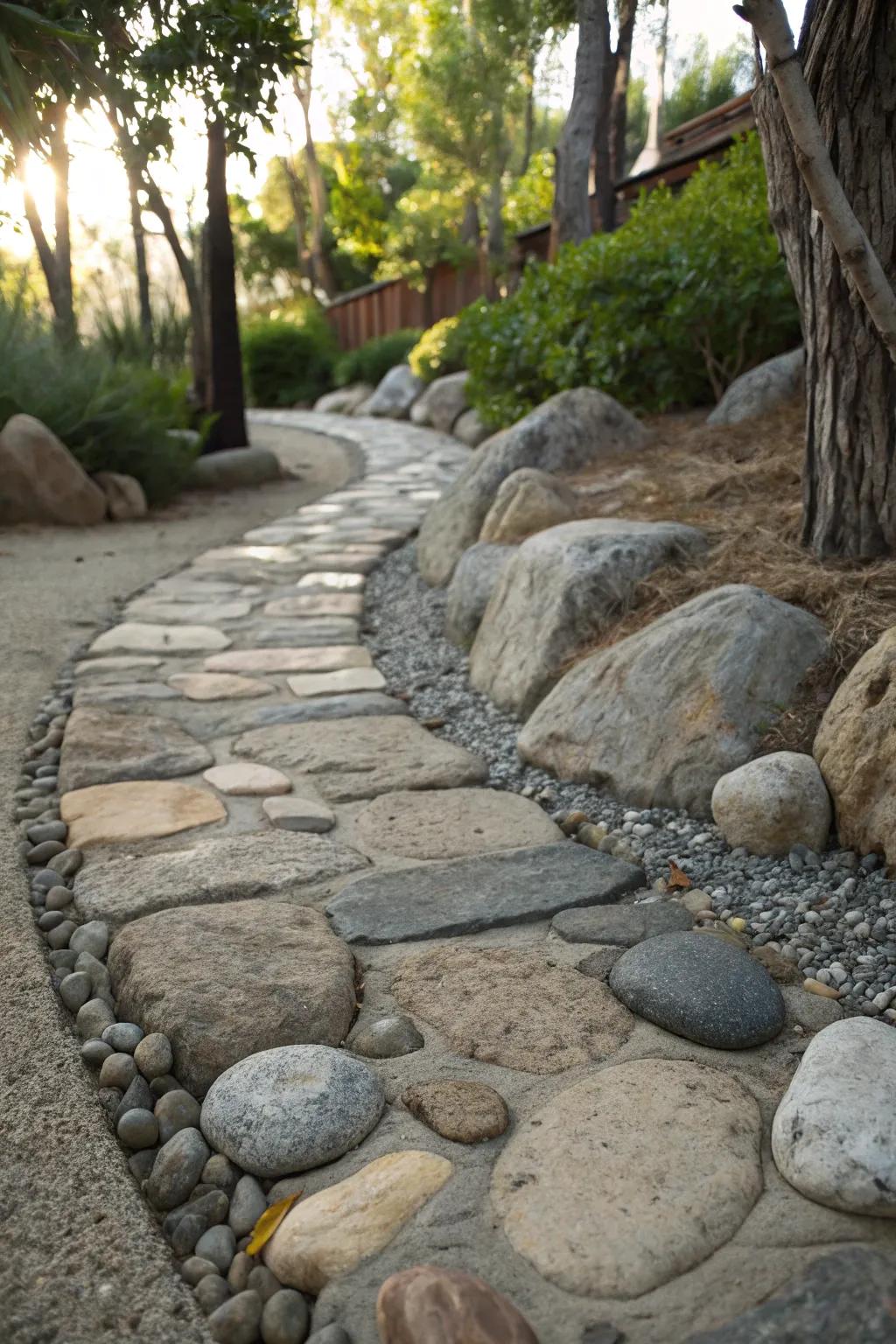 Mixing stone textures creates a visually dynamic garden path.