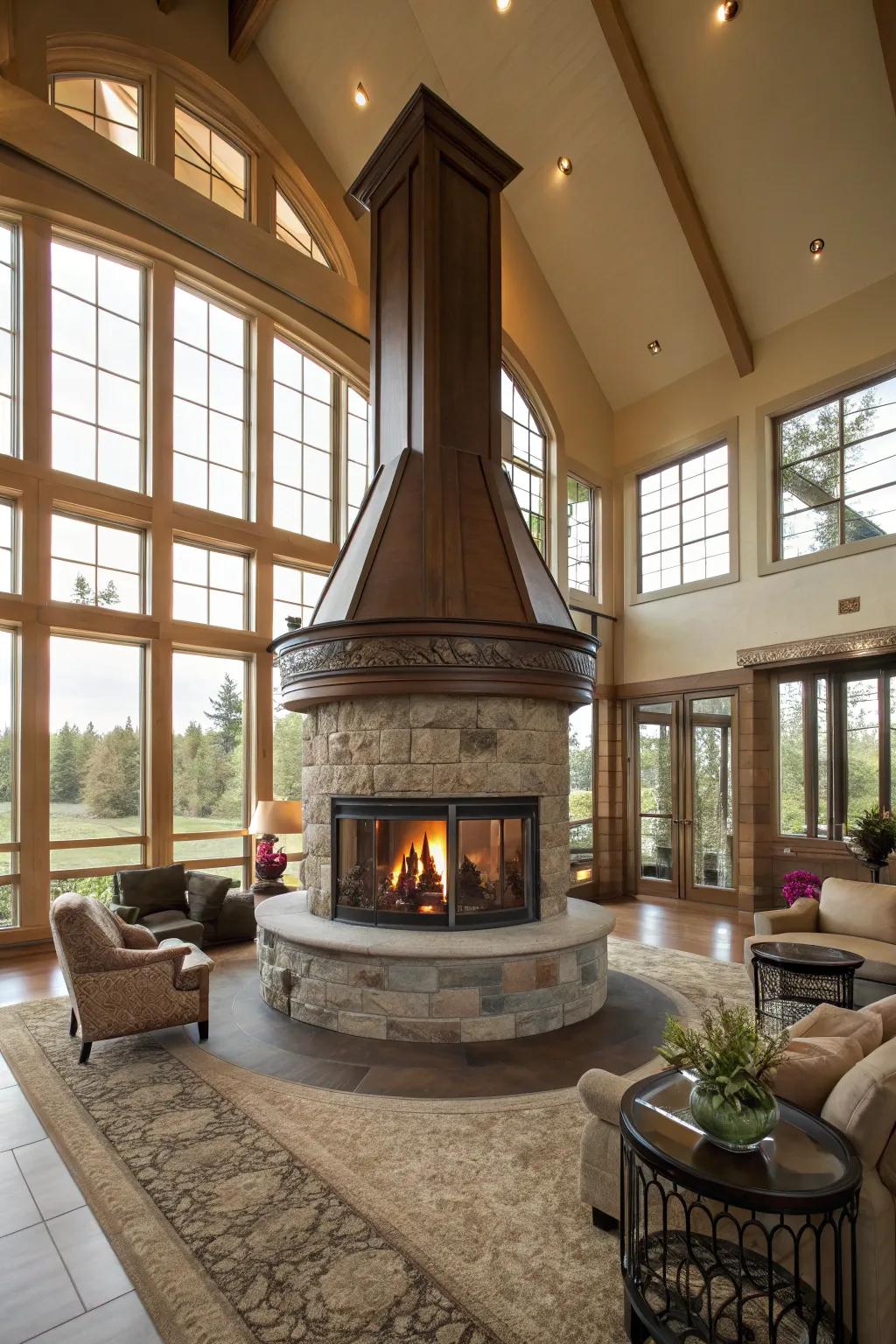 Panoramic fireplaces create a unified ambiance in large open rooms.