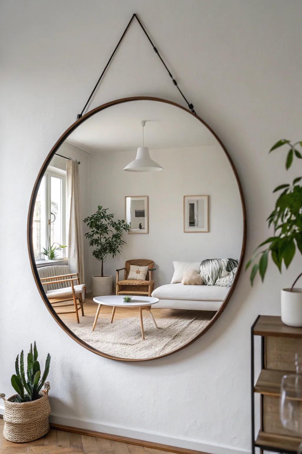 A borderless circular mirror blends flawlessly into a minimalist living room.