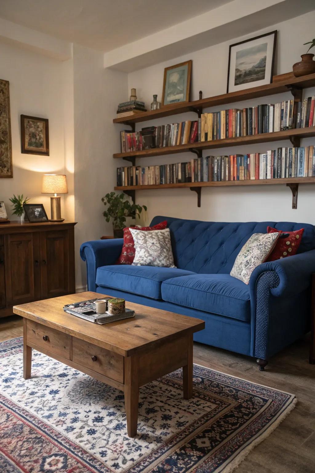 Timber elements fashion a cozy contrast with the cobalt settee, enhancing the room's comfort.