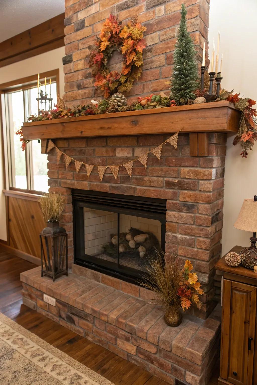Wooden mantels add warmth and charm to rustic brick fireplaces.