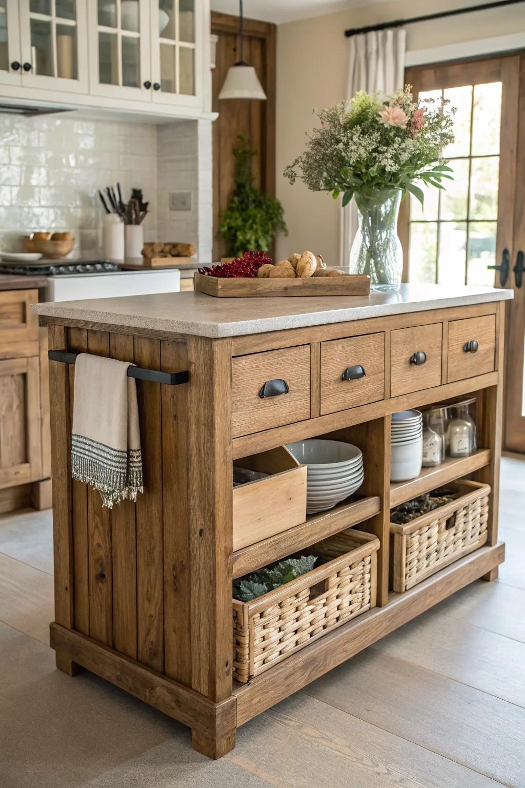A functional farmhouse-style cooking space hub with integrated drawers and storage choices.