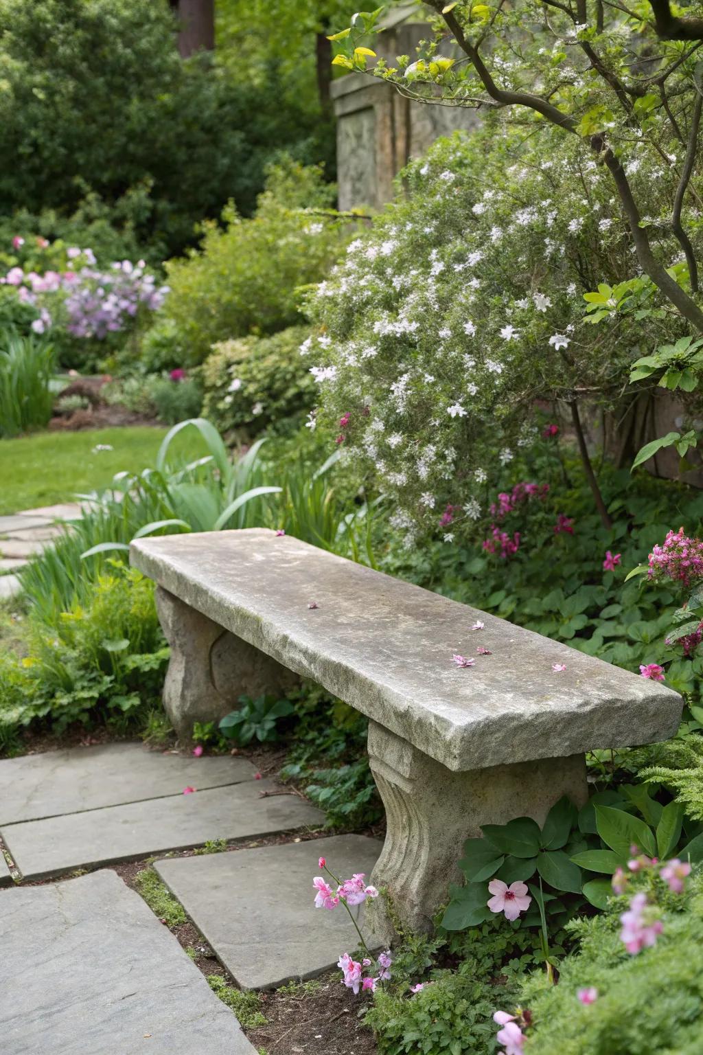 A stone panel bench providing a natural and durable seating alternative.