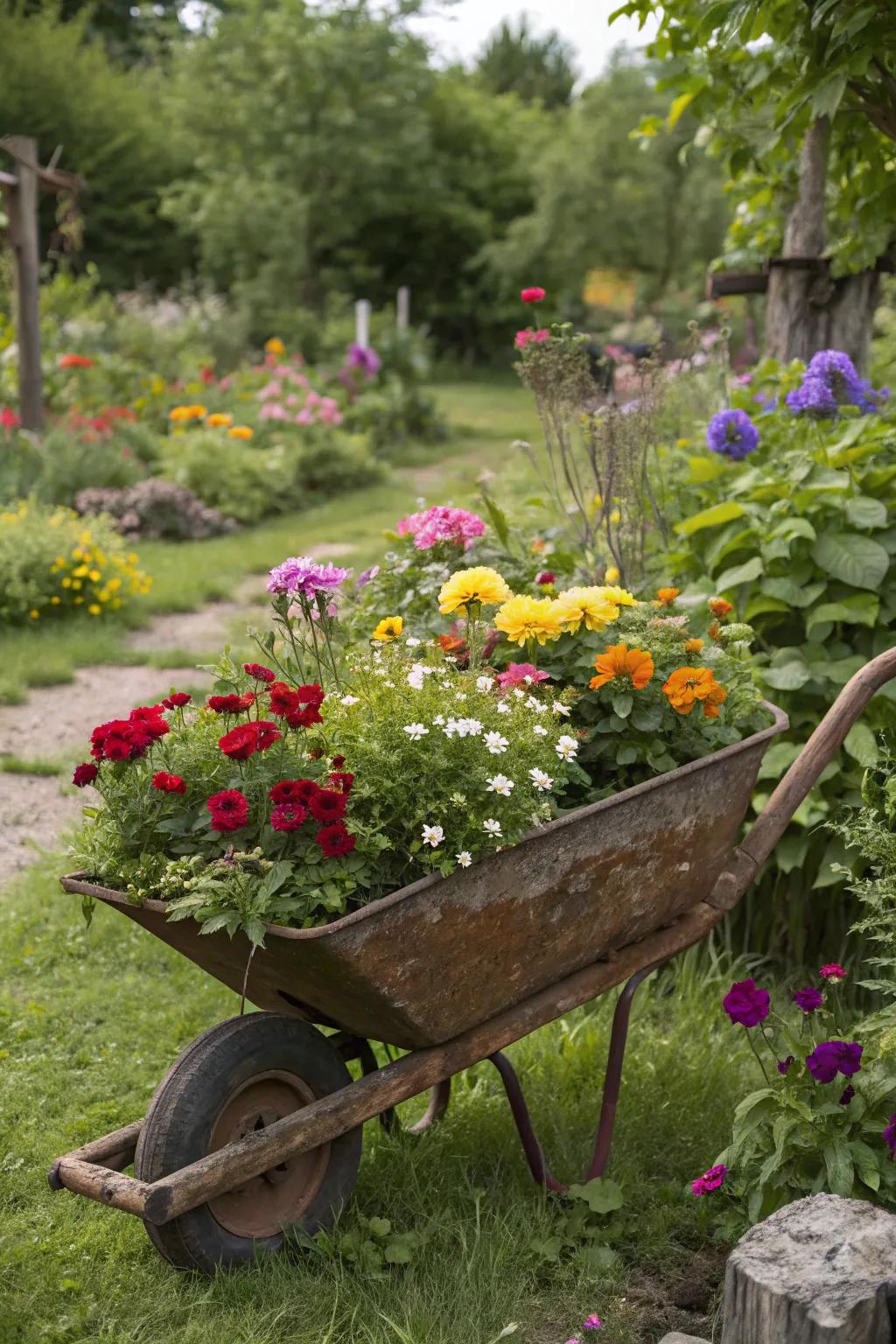A wheelbarrow bursting with flowers adds charm to the garden.