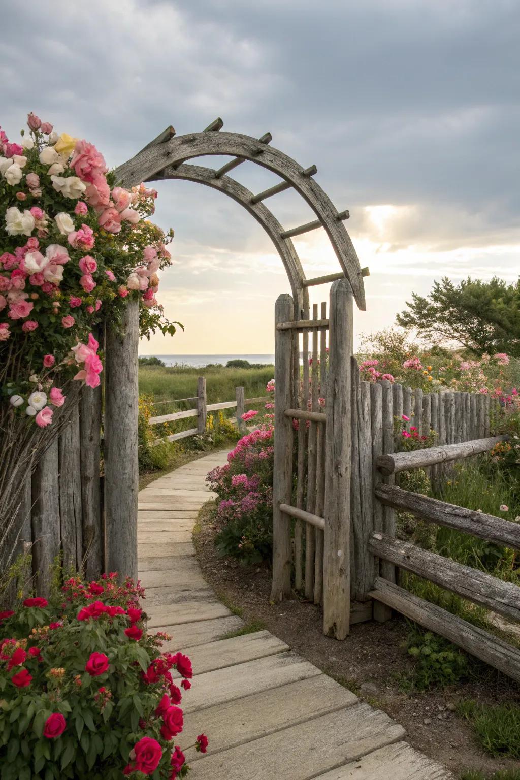 A curved log fence forms an enchanting entrance, embraced by vibrant blossoms.