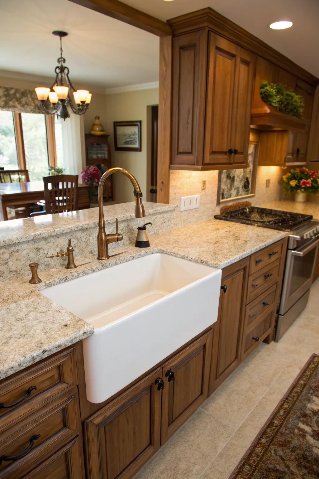 The farmhouse sink is a beautiful and practical centerpiece.