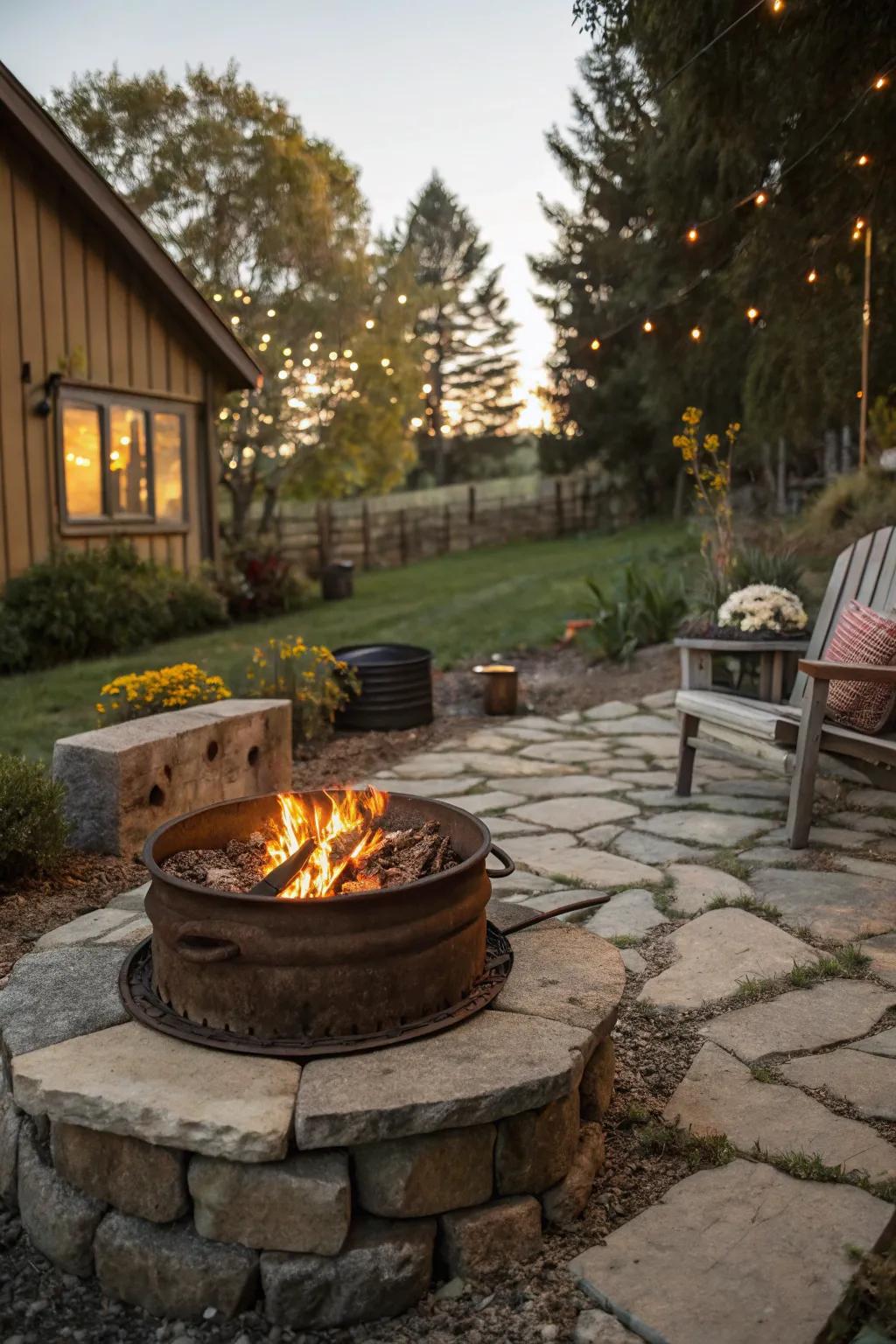 Industrial meets rustic with a wheel rim fire pit.