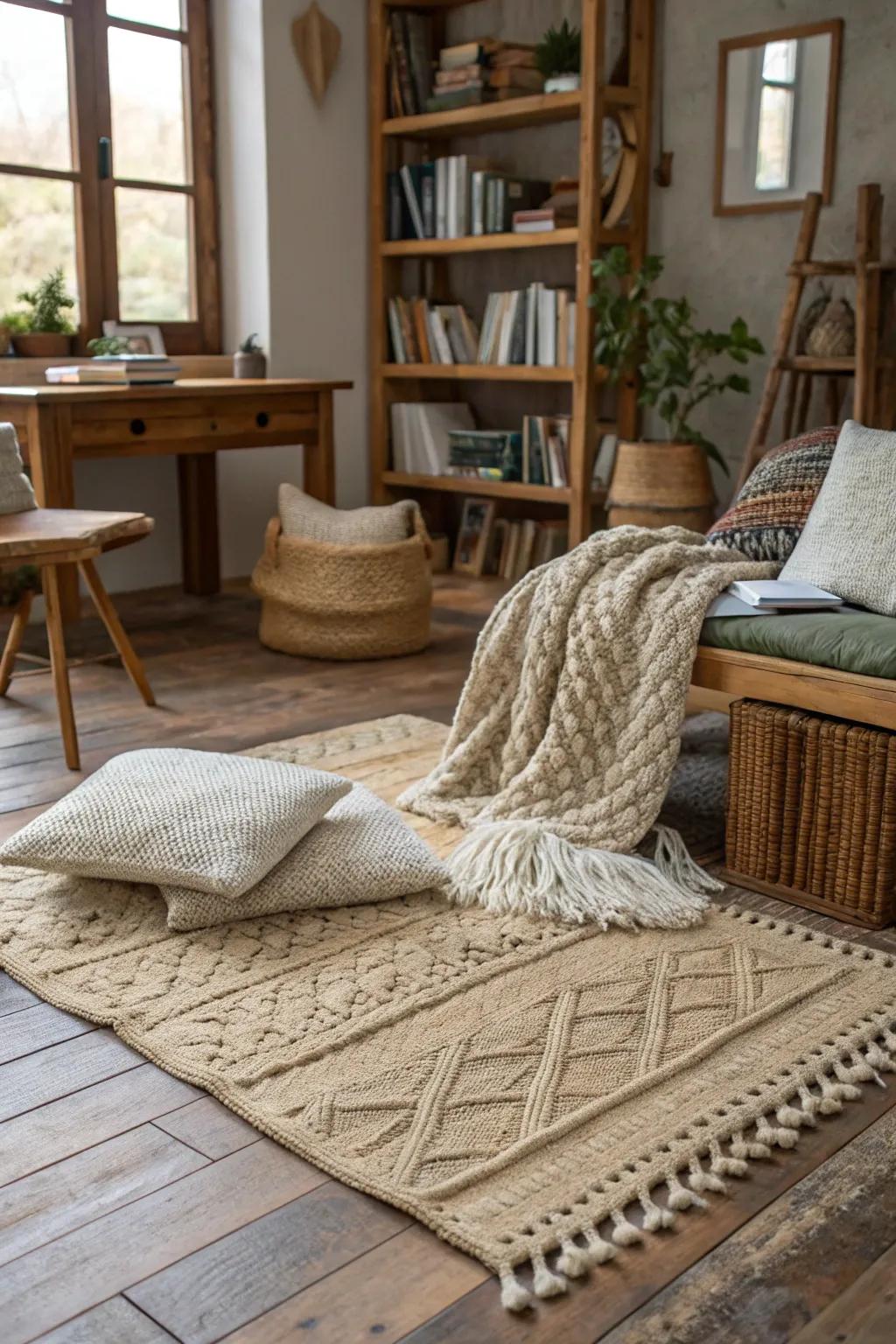 Layered textures add warmth and depth to a rustic office.