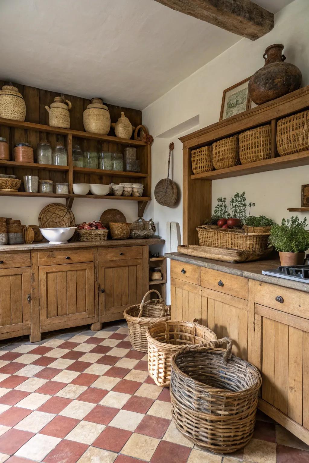 Pottery and woven containers add rustic appeal to this kitchen.