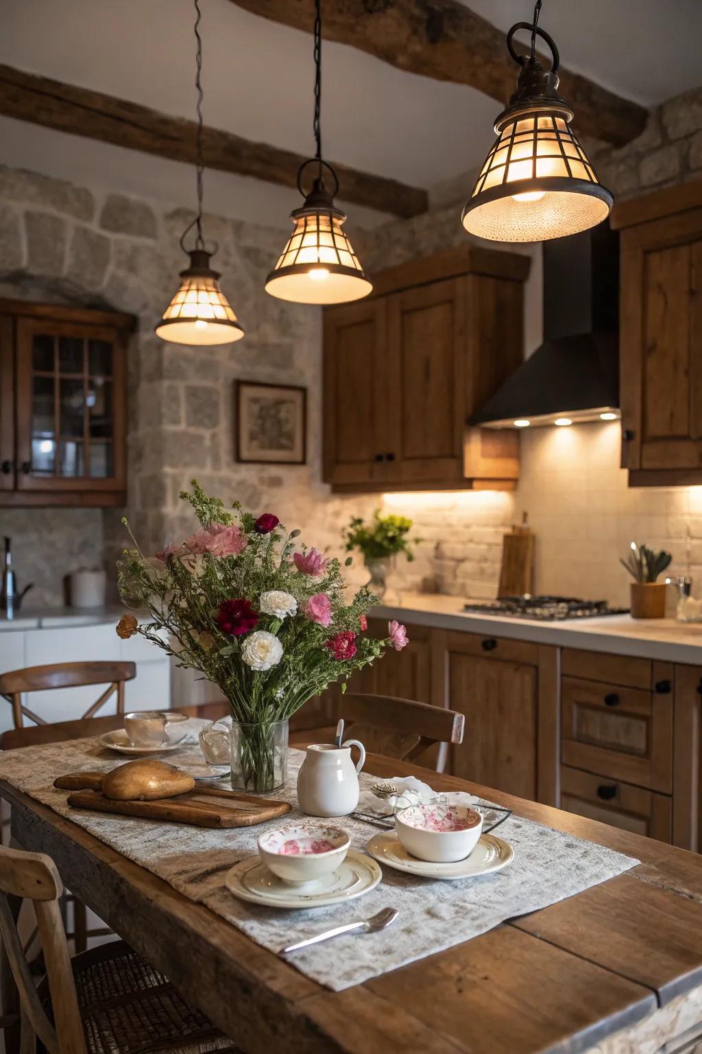 Time-honored lighting fixtures evoke a nostalgic allure in the kitchen.