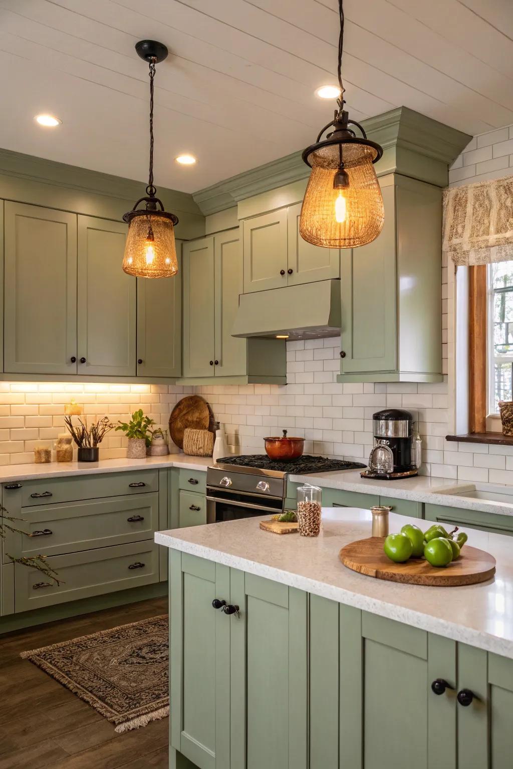 Radiant hanging lights emphasizing the verdant shades.