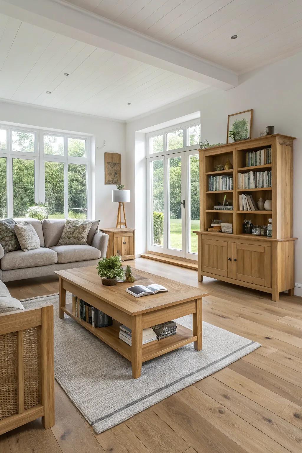 Light wood elements bring warmth and elegance to a Scandinavian living room.