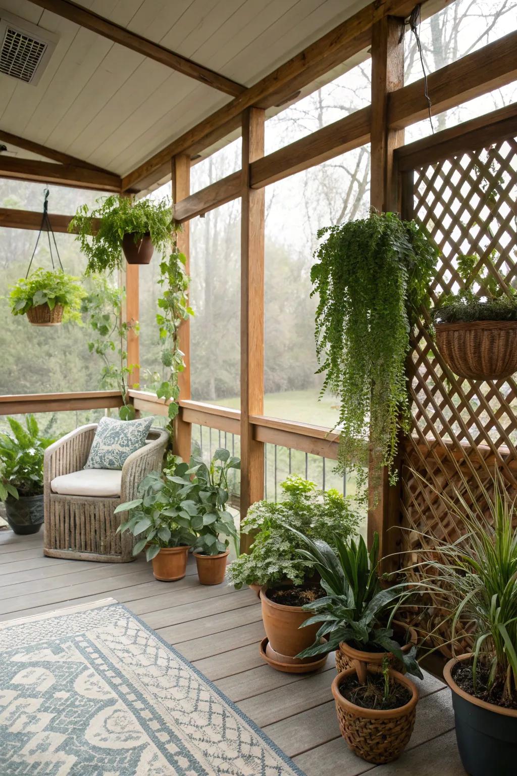Abundant greenery brings vibrancy to the screened porch.