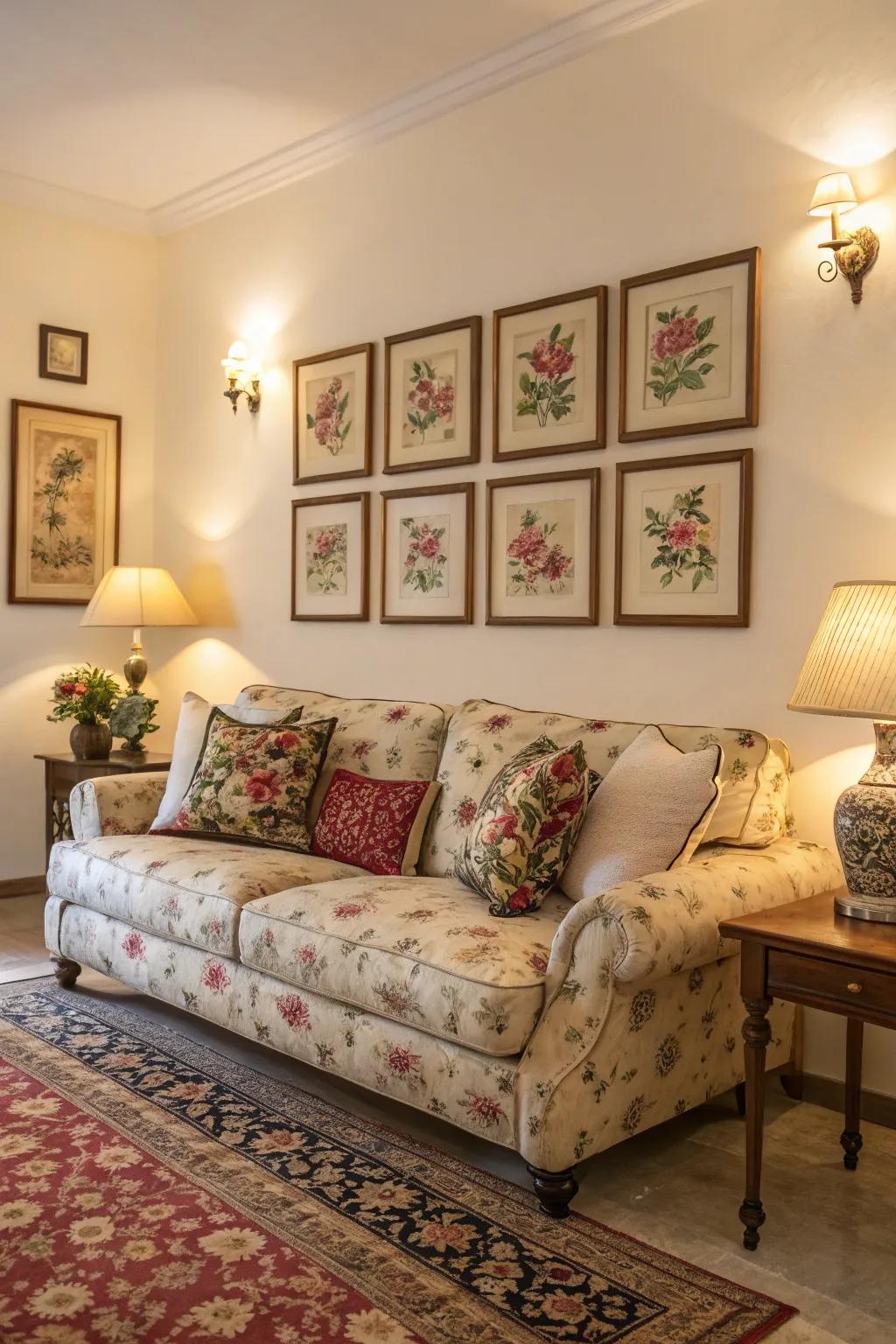 Floral patterns add a lively, natural touch to the decor.