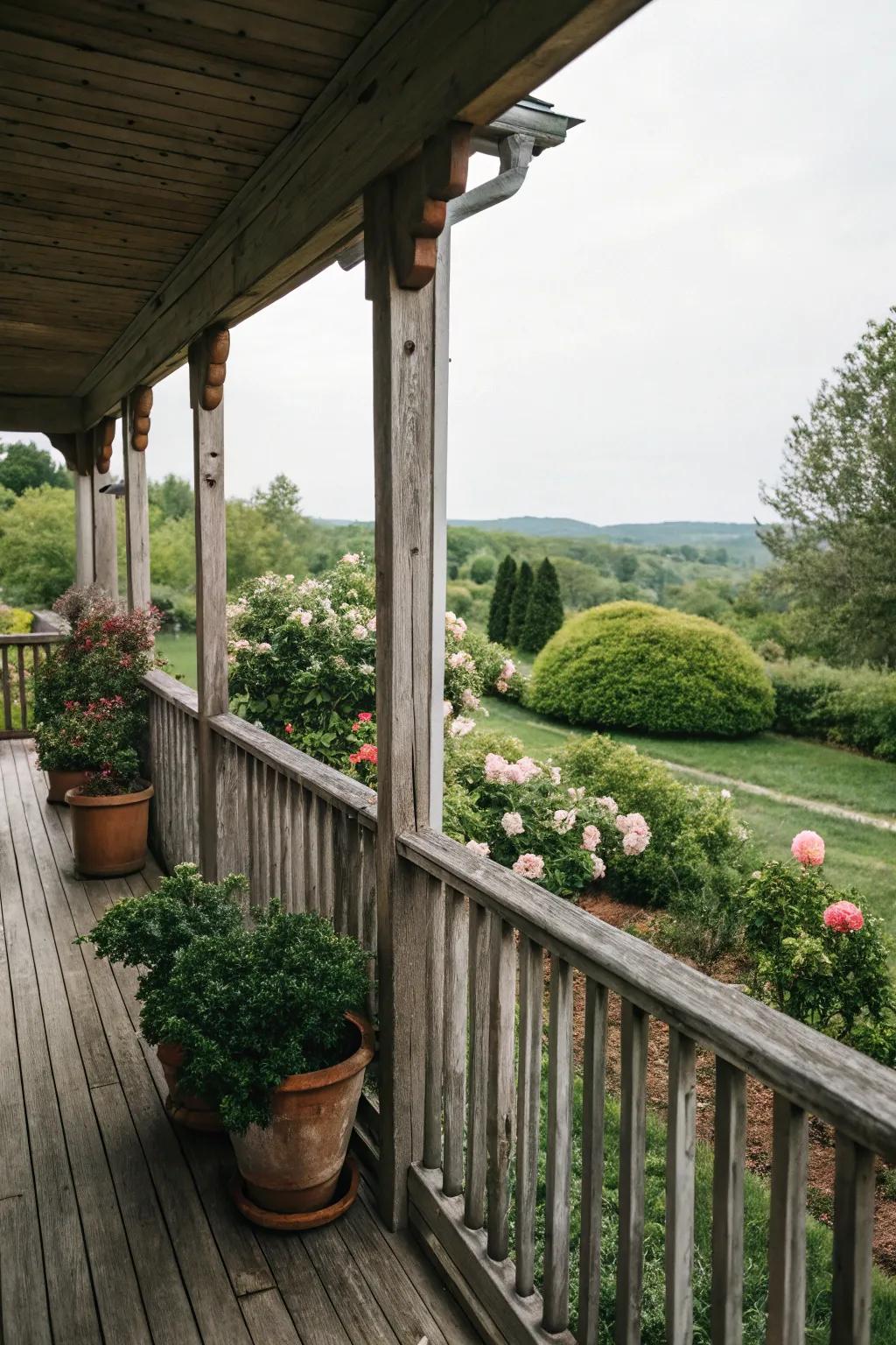 Charming wooden railings enhancing the side porch's appeal.