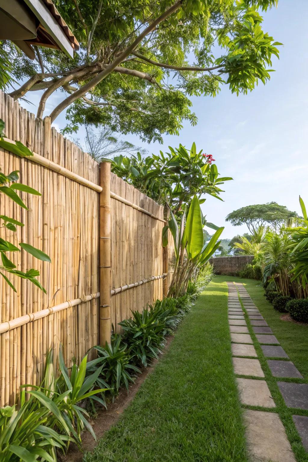 Exotic side yard with a bamboo fence.