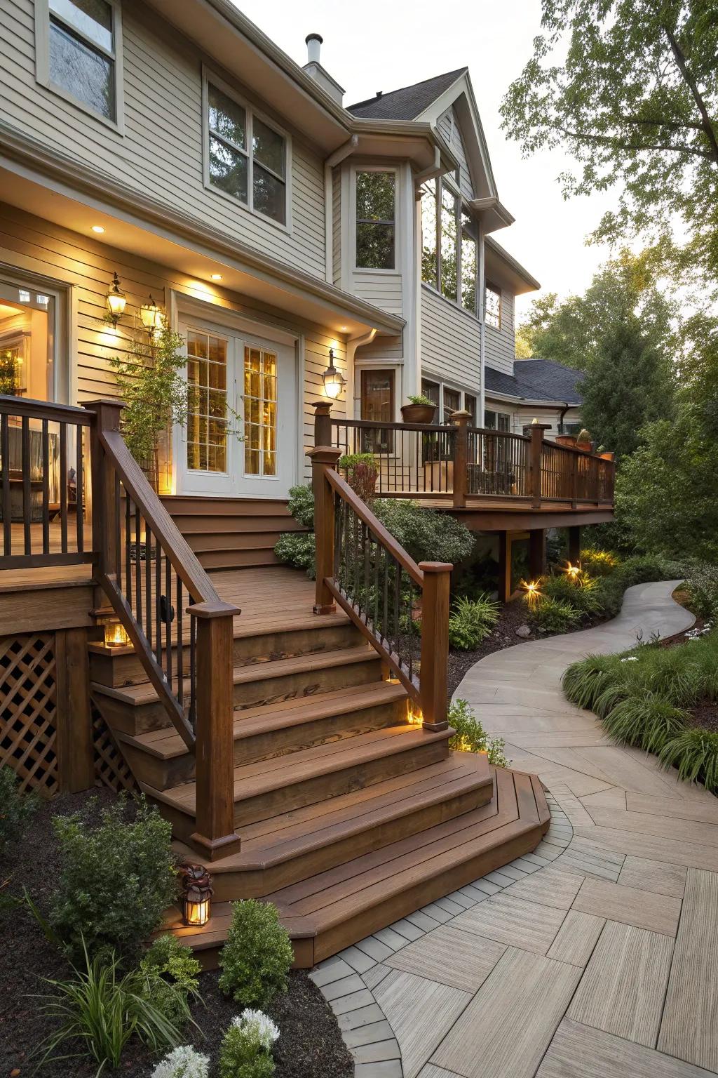 Staggered deck levels add depth and interest to the entrance.