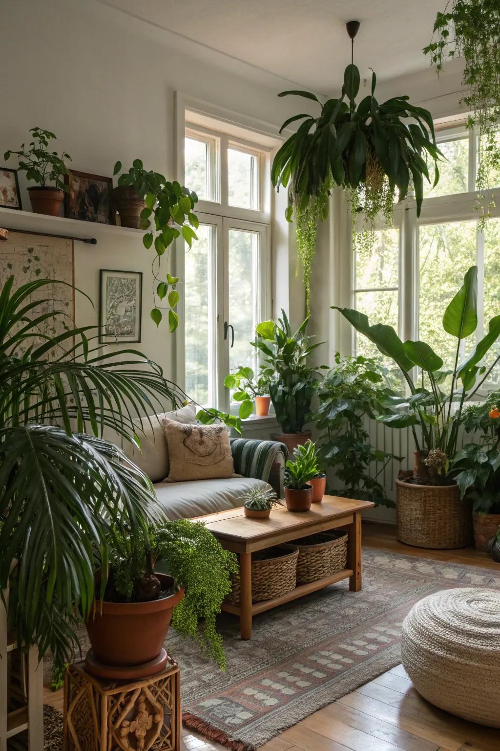 Greenery introduces freshness and vitality to the living room.