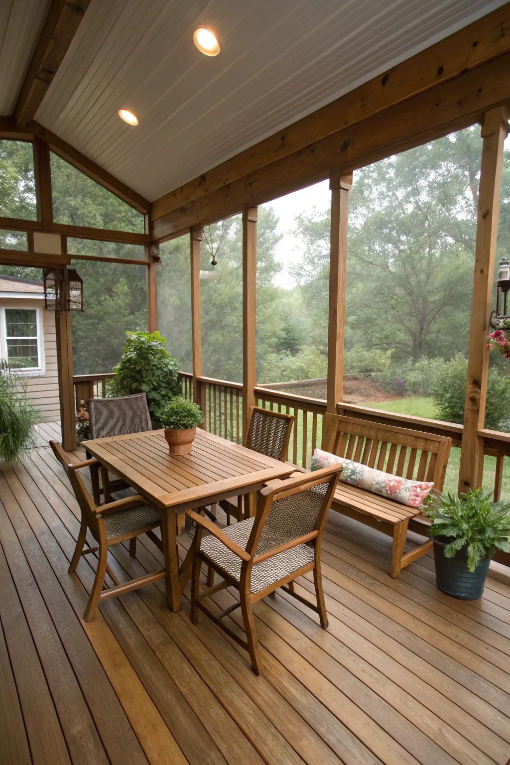 Earthy wood accents enhancing the patio