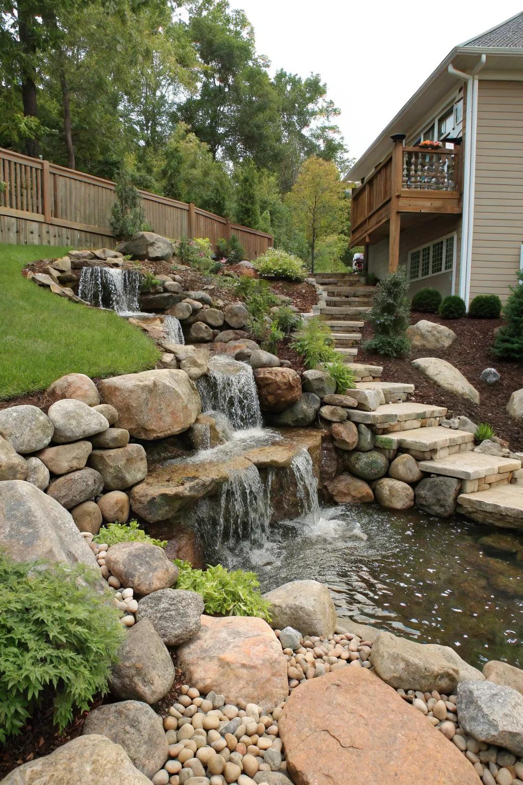 Water features add tranquility and movement.