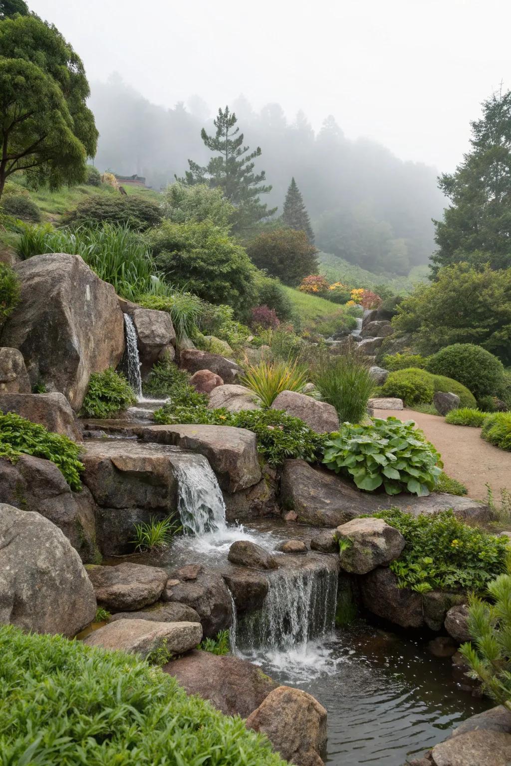A waterfall adds tranquility to a sloping garden.