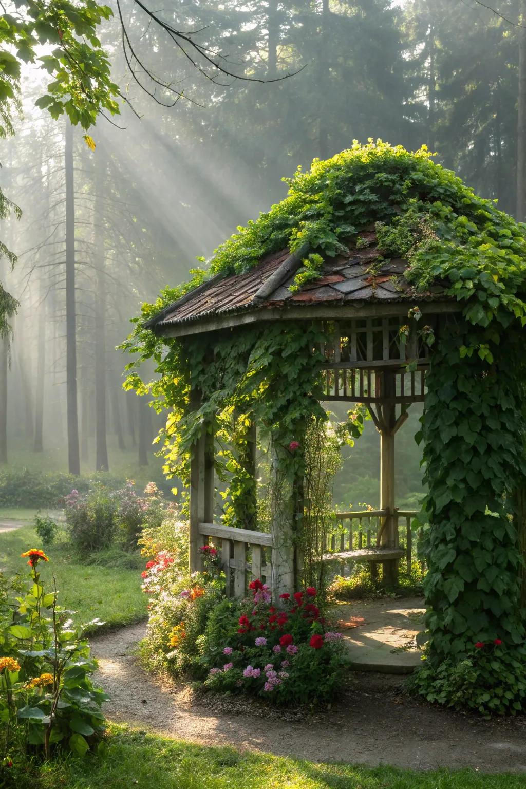 Adorn your gazebo with verdant foliage for a natural touch.