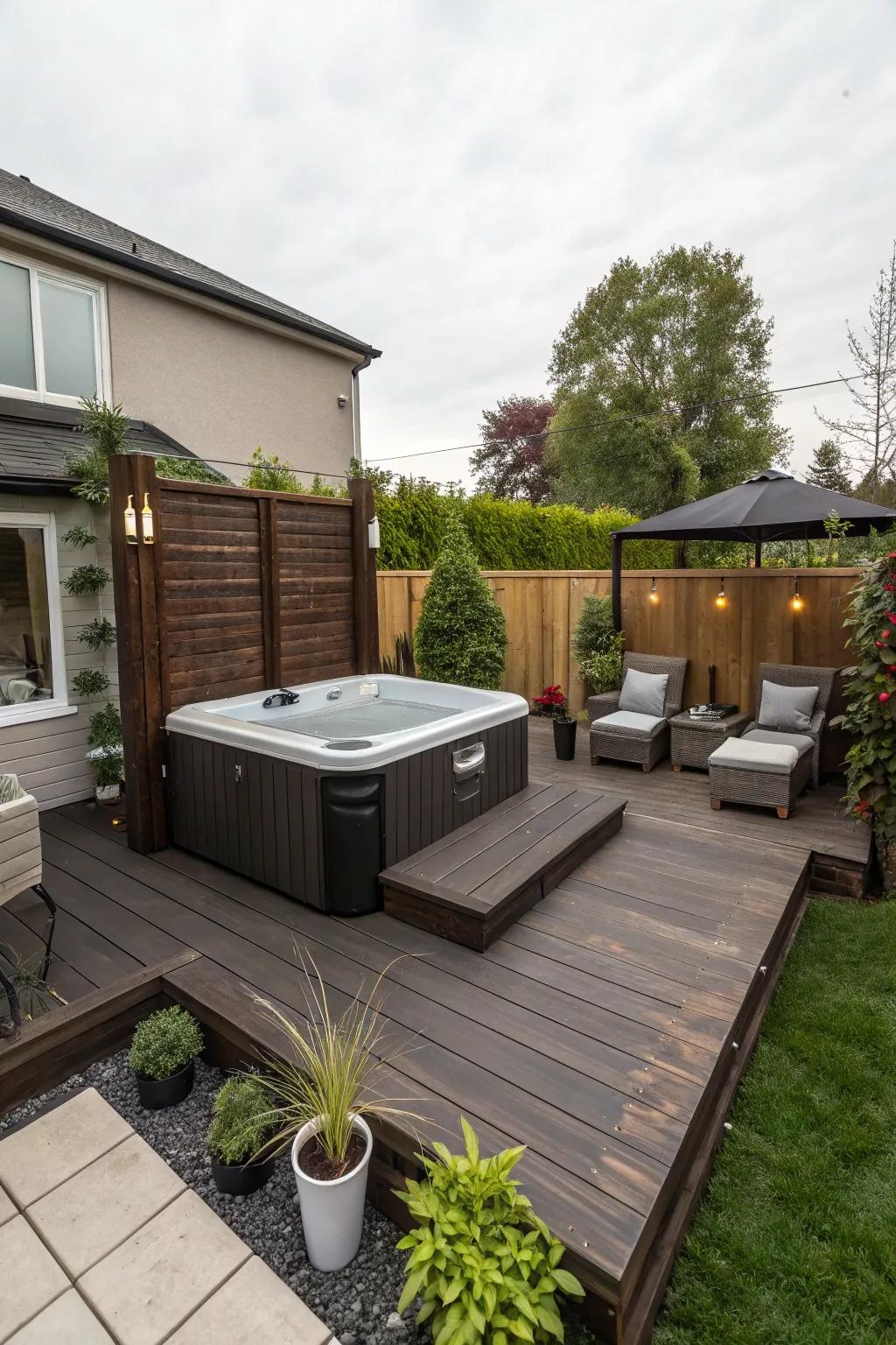 A small backyard featuring a spa built into a sophisticated deck for an elevated appearance.