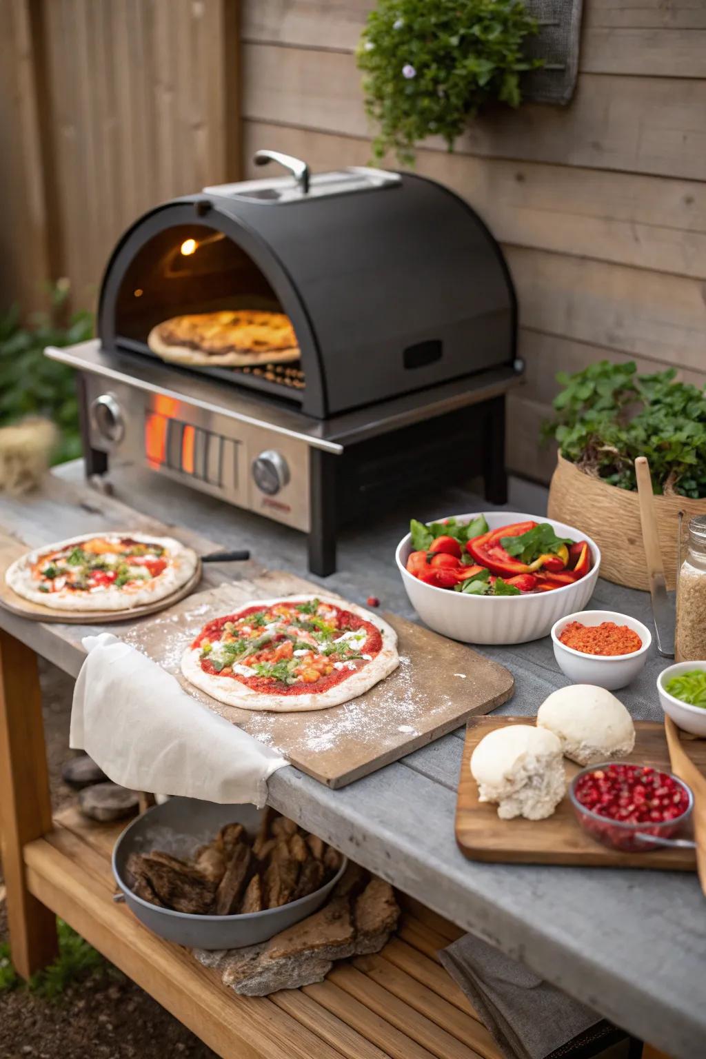 DIY pizza-making station with a variety of toppings