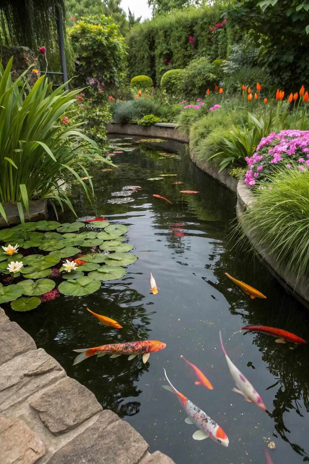 Ornamental fish add vibrant life to a small backyard pond.