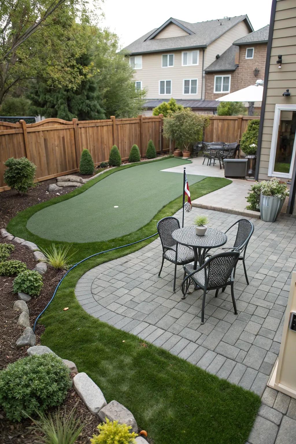 A putting green resourcefully merged with a patio, creating a versatile outdoor space.