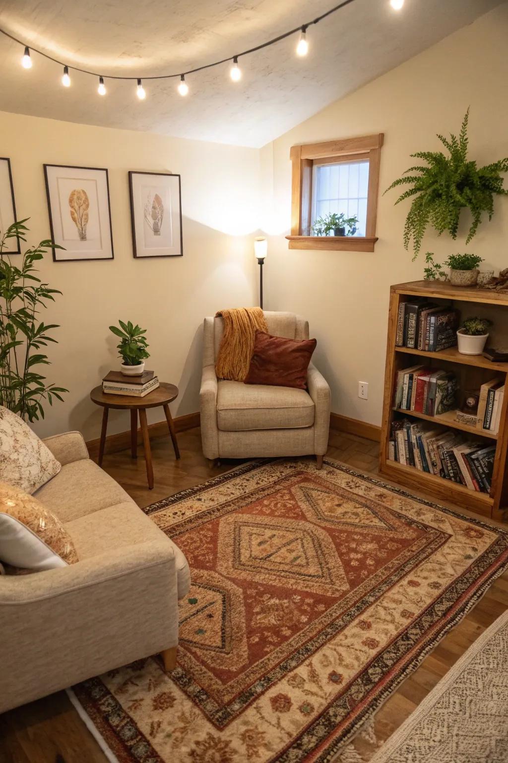 Floor coverings introduce warmth and define spaces within a den.