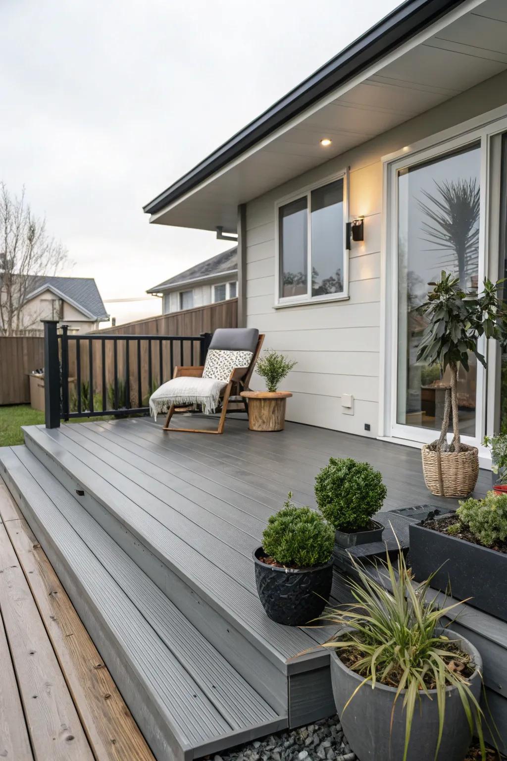 Composite decking offers durability and style.
