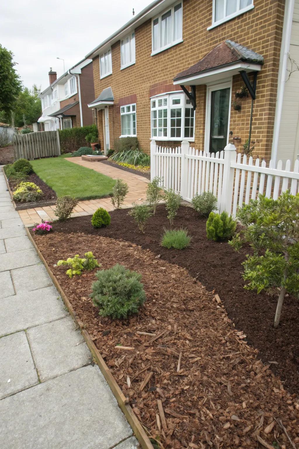 An orderly front yard featuring mulch overlaying plant beds for effortless upkeep.