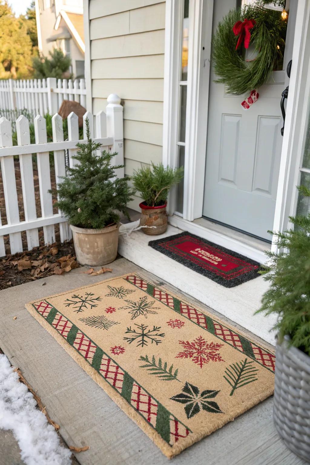 A festive doormat is a simple way to spread holiday cheer.