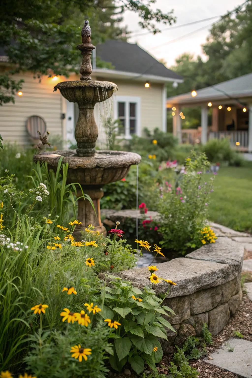 A rustic stone fountain looks naturally beautiful.