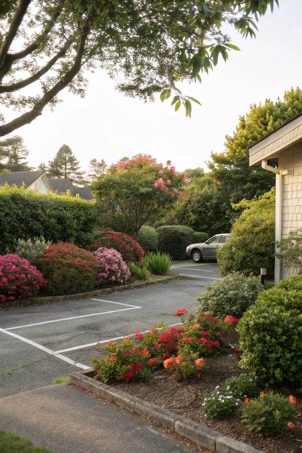 Integrate landscaping to blend parking areas with the yard.