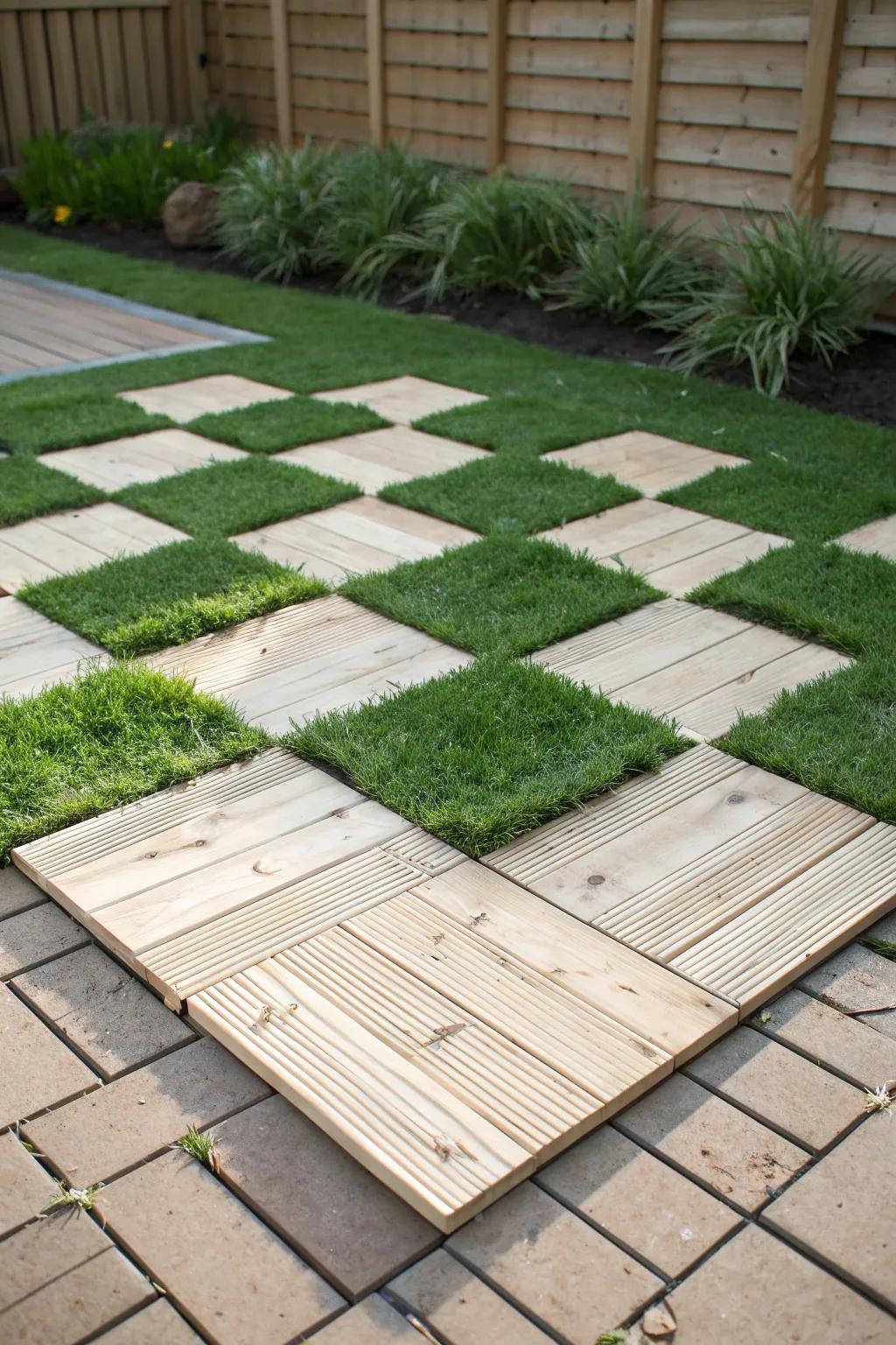 Transform your small garden with a chic checkerboard patio design that blends natural beauty with modern elegance.