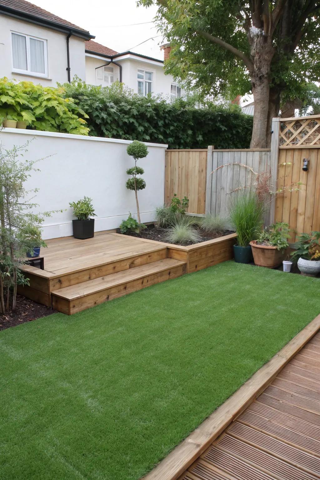 A multi-tiered garden element utilizing artificial turf and a wooden platform.