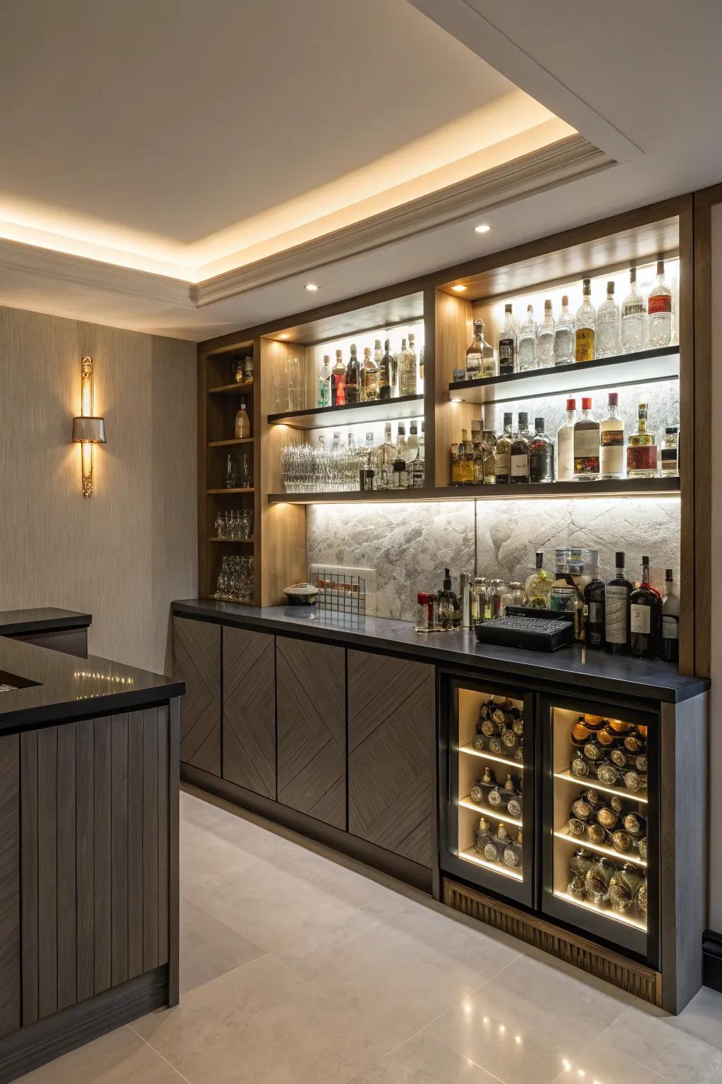 The ambiance of your home bar can be greatly enhanced by accent lighting.
