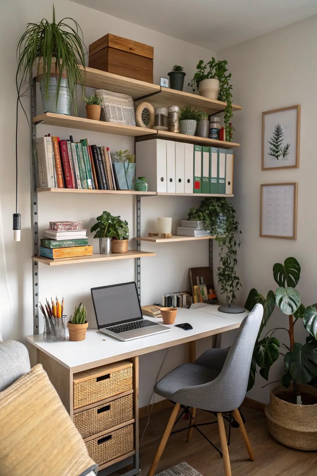A small home office uses vertical shelving efficiently.
