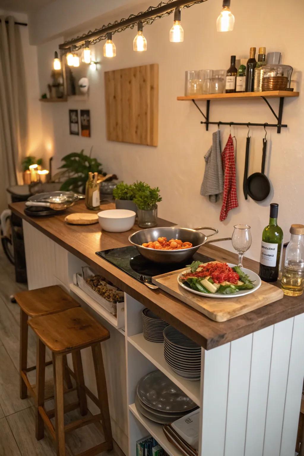 A small kitchen bar with a multipurpose countertop for dining and preparation.