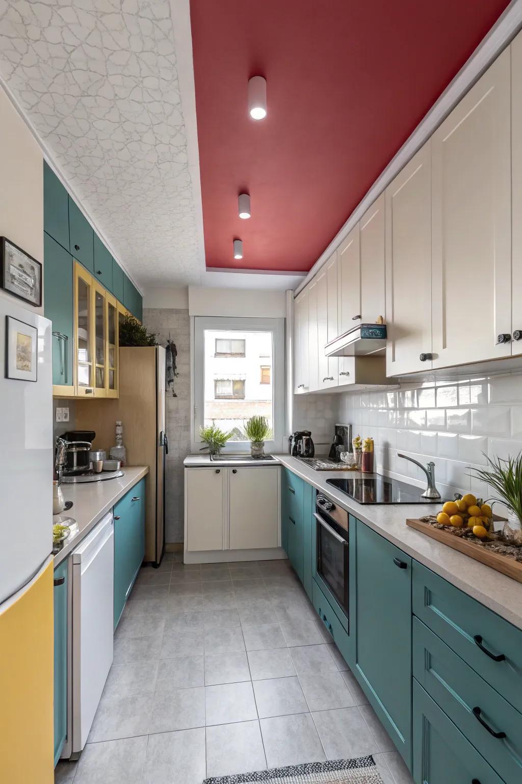 Contrasting colors in a kitchen create visual interest and highlight ceilings.